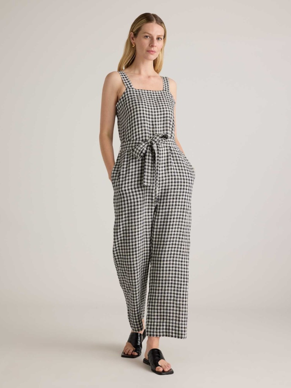 100% European Linen Square Neck Jumpsuit - Black/Oatmeal Gingham